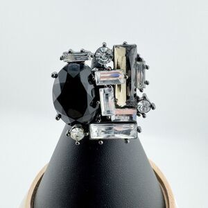 Vintage Black Clear Rhinestone Statement Ring Gunmetal Oversized Cocktail Glam
